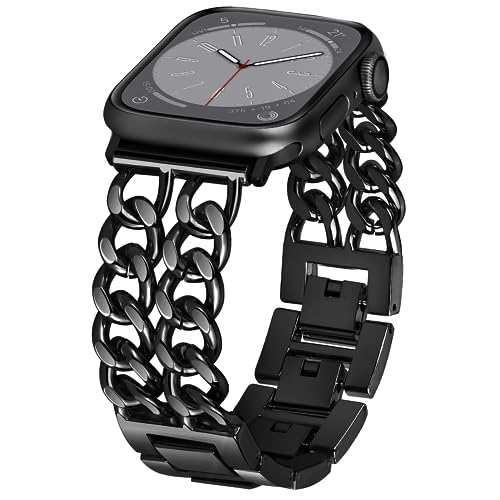 Aniaboho Compatible with Dressy Designer Apple Watch Bands for Women Men 44mm 45mm 49mm 42mm, Chain Leather iWatch Bands for Apple Watch Ultra 2 1 SE Series 9 8 7 6 5 4 3 Band(Rose Gold/Black Leather)