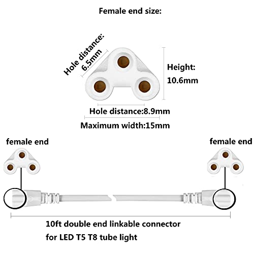 GOCuces T5 T8 Extension Cords,10ft Lamp Connecting Wires,3-Prong Power Cables,Female to Female End Connectors for LED Tube,Under Cabinet,Shop Lights,Pack of 10