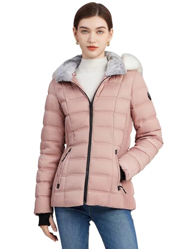 SLOWTOWN Women's Puffer Jacket Warm Hooded Winter Puffy Jacket with Faux-Fur Trim and Collar (Pink, Small)