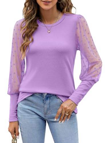 MIHOLL Womens Crew Neck Tops Casual Mesh Long Sleeve Shirts Lace Polka Dot Ruffle Elegant Chriatmas Blouses(Red,Small)