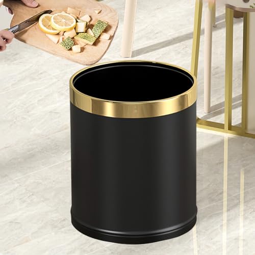 LEASYLIFE 14L/3.7GAL Black and Gold Open Top Trash Can - Metal Office Wastebasket Without Lid for Office, Hotel, Store, Restaurant
