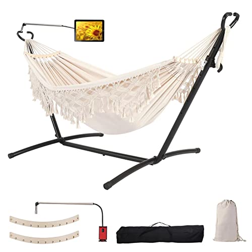 SXSEAGLE Double Hammock with Stand Upgraded Phone Holder Portable Heavy Duty Stainless Steel Indoor Outdoor Patio Yard Beach with Carrying Case (2022 Beige)