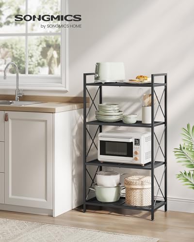 SONGMICS 4-Tier Metal Storage Rack, Shelving Unit with X Side Frames, Dense Mesh, 12.6 x 23.6 x 44.3 Inches, for Entryway, Kitchen, Living Room, Bathroom, Industrial Style, Ink Black UBSC164B01