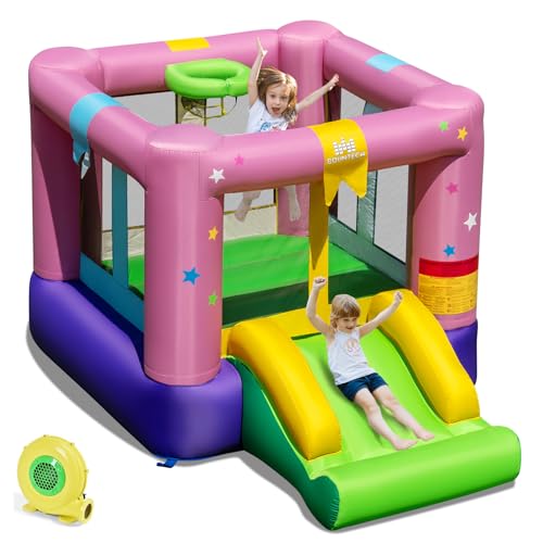 BOUNTECH Inflatable Bounce House, Bouncy House for Kids 3-12 Indoor Outdoor w/480W Blower, Jumping Area, Slide, Basketball Game, Mini Bounce House for Toddler Boys Girls Birthday Party Backyard Gifts