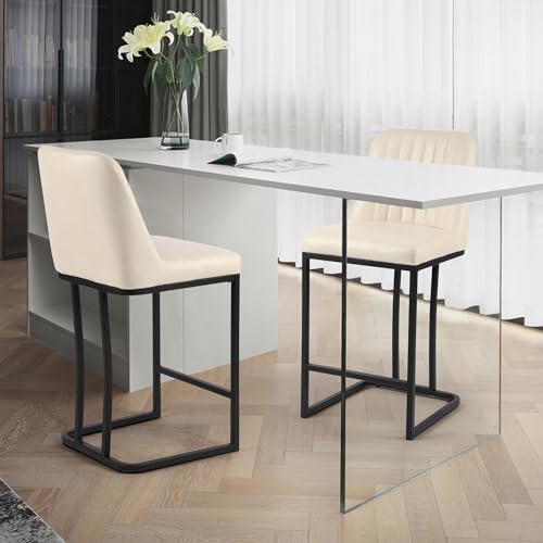 LSSPAID Counter Height Bar Stools Set of 2, 24.8 Inch Modern Upholstered Fabric Kitchen Island Chairs with Backrest and Footrest, Black Metal Leg for Kitchen Counter, Beige