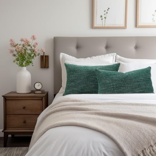 decorUhome Spring Decorative Throw Pillow Covers 16x16 Set of 2, Farmhouse Textured Chenille Square Pillow Covers for Couch Sofa Bed Living Room, Dark Green
