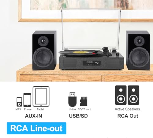 Record Player Bluetooth 3-Speed Vinyl Record Player with Stereo Speakers, USB Recording, RCA Line-Out, AUX-in, Retro Phonograph Turntable for Vinyl Records, Black