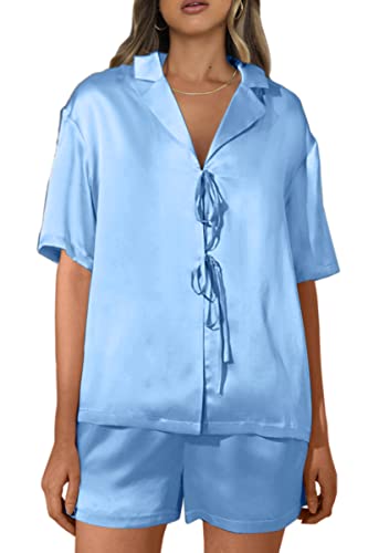 CHYRII Women's Silk Satin Pajamas Sets Tie Front Short Sleeve Tops and Shorts Two Piece Pj Sets Sleepwear Burgundy S