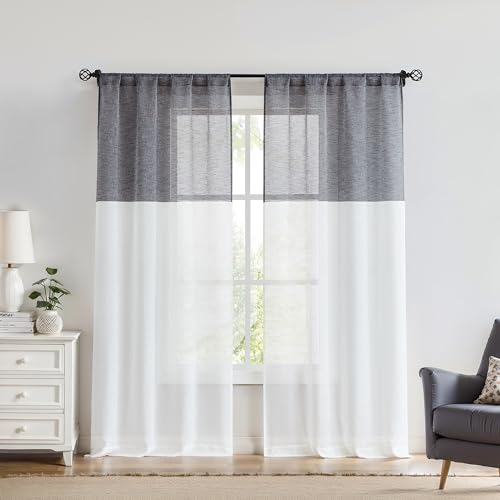 Central Park Black and White Stripe Sheer Color Block Window Curtain Panel Linen Drape Treatment for Bedroom Living Room Farmhouse 84 inches Long with Rod Pocket,2 Panel Rustic Living Panels