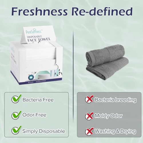 PureSoftness Disposable Face Towel, 100% Cotton, 80 Count, Extra Large 12" x 10", Soft Dry Wipe for Face Wash, Makeup Remover, Bio-Based Towelette for Sensitive Skin (1 Pack)