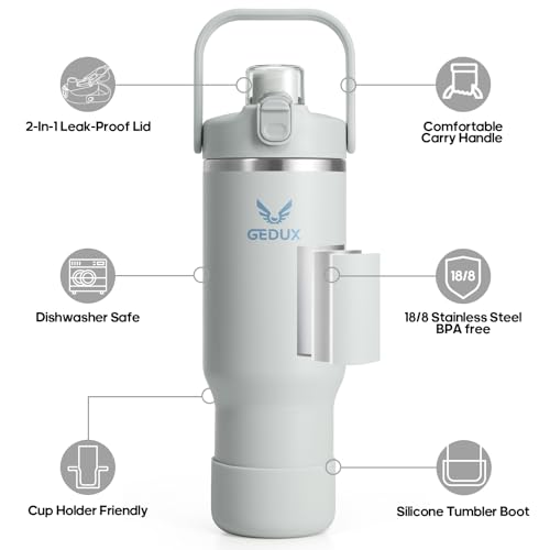 Gedux 32 oz Stainless Steel Tumbler with Handle and Straw, Vacuum Insulated Water Bottle with 2-in-1 Lid (Chug Lid/Straw Lid) and Silicone Boot, Cupholder Friendly Gifts for Women and Men