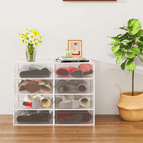 WAYTRIM Stackable Boots Storage Box, 8 Pack Stackable Boots Organizer and Storage Boots Box, Under Bed Boot Storage, 20.5" x 11.8" x 5.5" - Clear White