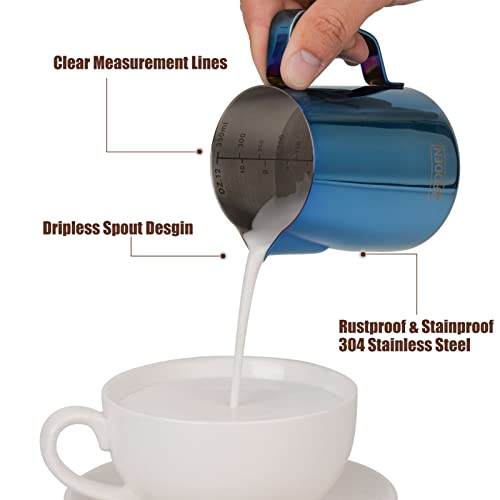 Milk Frothing Pitcher, 12oz Espresso Steaming Pitchers Stainless Steel Cappuccino Coffee Machine Accessories Barista Tools Steam Froth Pitchers Milk Jug Cup with Decorating Pen Latte Art, Blue