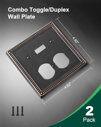 TREEWELL 2-Pack Double Toggle Light Switch Cover Plate, Pearls Decorative Dual Switch Plate Covers, Aged Bronze 2 Gang Metal Wall Plate, Corrosion Resistant