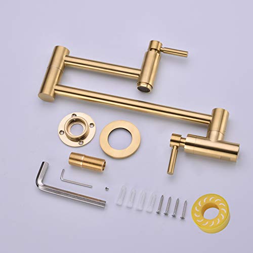 Fonveth Brushed Gold Wall Mounted Pot Filler Kitchen Faucet, Dual Handles, 1/2 IPS Male Threaded - 14 NPT inlet