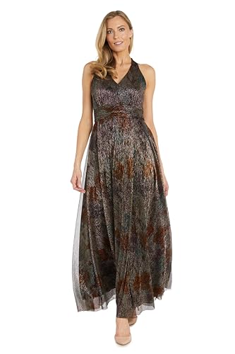 R&M Richards Women's Printed Metallic Crinkle V Neck Halter Dress, Bronze