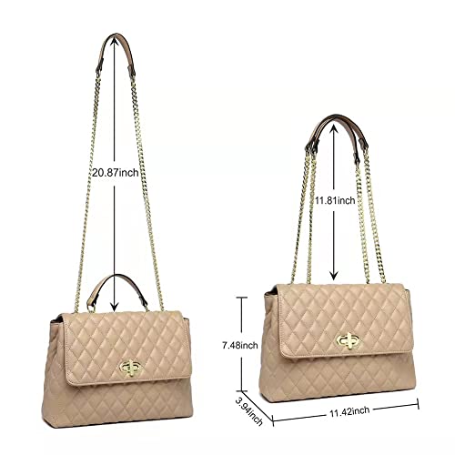 ER.Roulour Chain Shoulder Bag, Quilted Purses for Women, Medium Flap Turnlock Vegan Leather Handbag