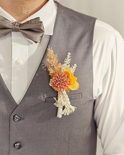 TINGE TIME Boutonniere for Men Wedding, Set of 6, Beige Artificial Groom Boutineer for Wedding Ceremony Anniversary, Formal Dinner Homecoming and Prom