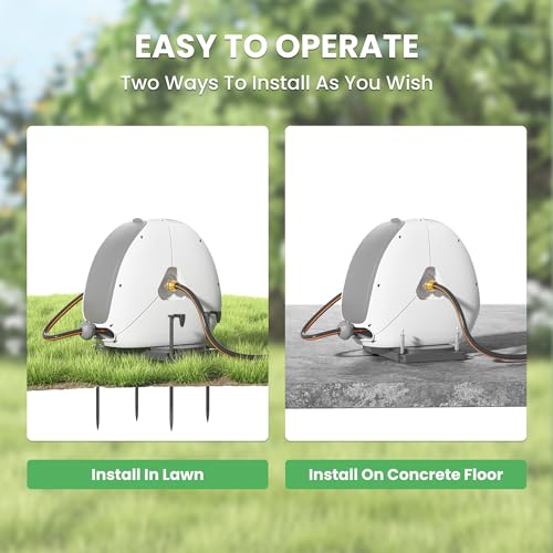 Giraffe Tools Retractable Hose Reel 1/2 Inch x 82FT,Heavy Duty Ground Mount Garden Hose Reel, Automatic Rewind, Any Length Lock, with 9-Function Sprayer Nozzle & Flexible Swivel Base