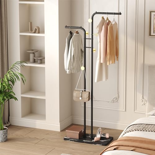 HOMEFORT Coat Rack, Freestanding Metal Coat Racks, Double-pole Clothes Hat Stand with 5 Hooks for Closet, Bedroom, Entryway, Living Room, Black