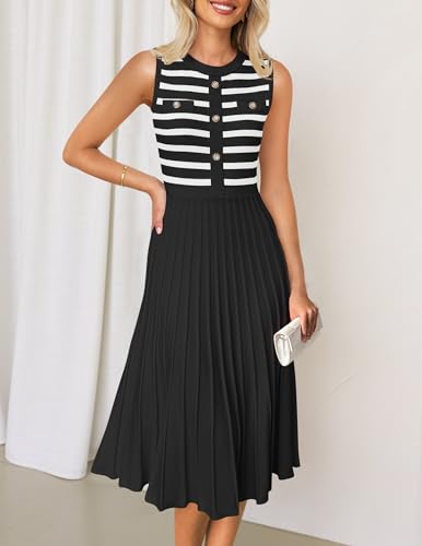 ZESICA Women's Sleeveless Striped Midi Dress Summer Crewneck Button Knit Swing Pleated A Line Casual Dresses,Beige,Small