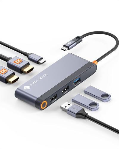 USB C Hub 4K HDMI Adapter for MacBook Pro/Air USB C Multiport Adapter with 100W Power Delivery, 3 USB-A Data Ports USB C Dongle for Dell XPS, Lenovo Thinkpad Stable Driver Adapter (NOVOO 5 in 1 Gray)