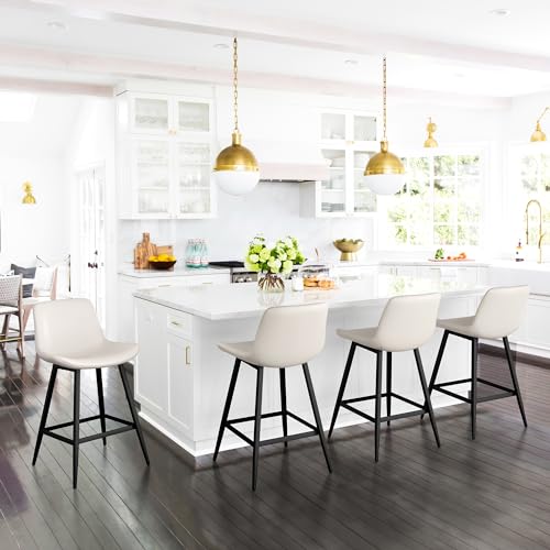 Cozyman 24 inch Counter Stool, Modern Bucket Barstool Set of 4, Barstools with Back and Footrest, Faux Leather Bar Stools for Kitchen Island Restaurants, Antique White