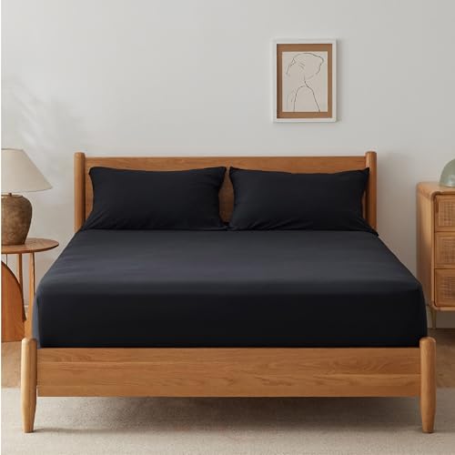 Bedsure Twin Fitted Sheet 2 Pack, Jersey Knit Polyester Twin Sheets, Cozy T-Shirt Soft & Breathable 16" Deep Pocket Sheets for Twin Bed, Wrinkle Free with 1 Pillowcase, Black(39" x 75")(No Flat Sheet)