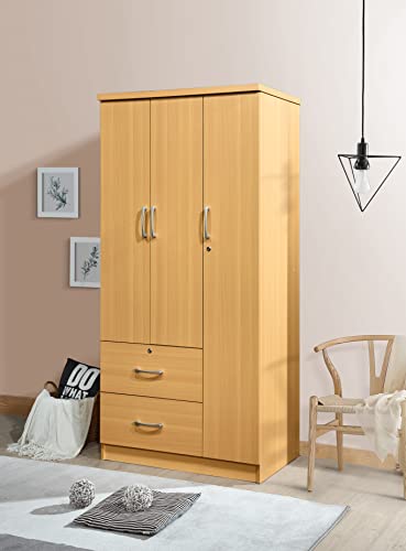 Hodedah 3-Door Armoire with 2-Drawers, 3-Shelves in Beech