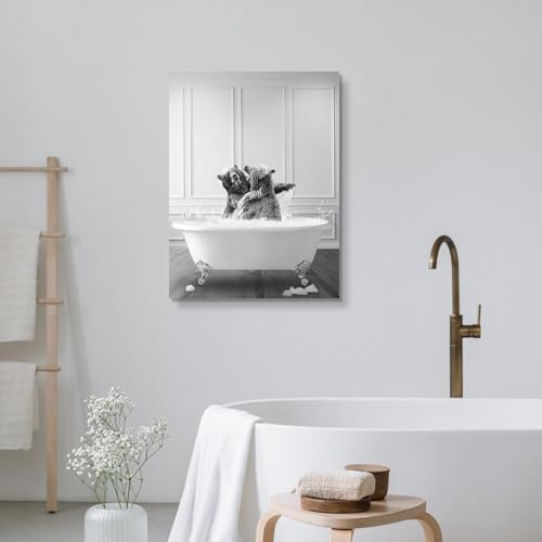 Funny Bathroom Decor Wall Art Black and White Canvas Prints Two Bears Fighting in Bathtub Rustic Style Animal Poster Artwork for Bathroom Powder Room Restroom Decoration Farmhouse Wall Decor 12x16inch