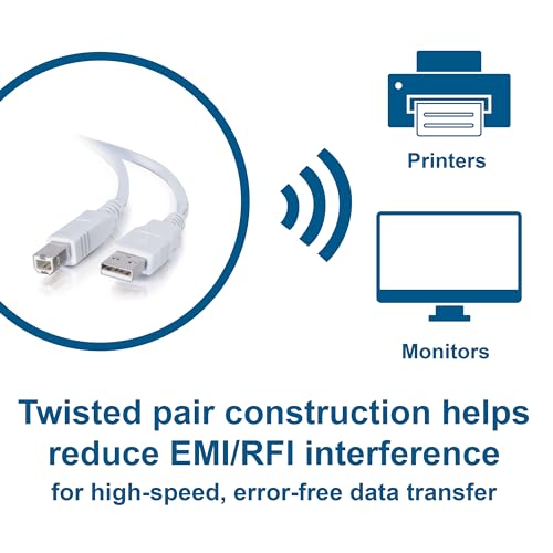 C2G USB Connection Cable, USB 2.0 A to B Cable, Plug and Play USB Hub with Long USB Extension Cable, 6.5 Foot USB Cable, White, C2G 13172