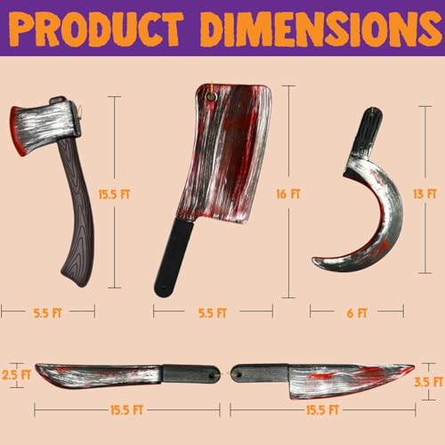 JOYIN 5 Pcs Knife Weapons Halloween Decorations Outdoor Indoor Toys Halloween Home Decor Haunted House Fake Blood, Machete Axe Cleaver Sickle