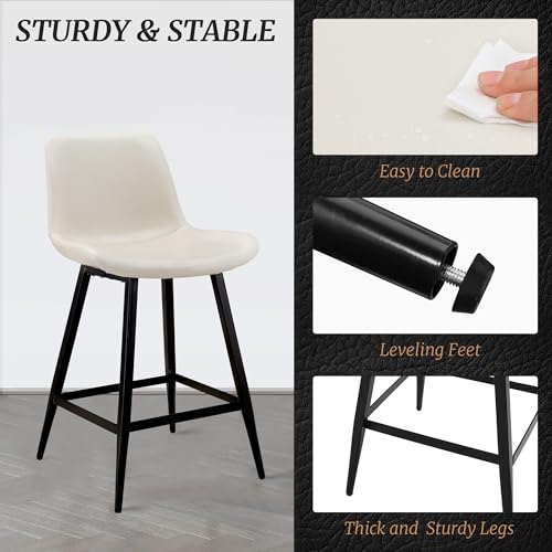 Cozyman 24 inch Counter Stool, Modern Bucket Barstool Set of 4, Barstools with Back and Footrest, Faux Leather Bar Stools for Kitchen Island Restaurants, Antique White