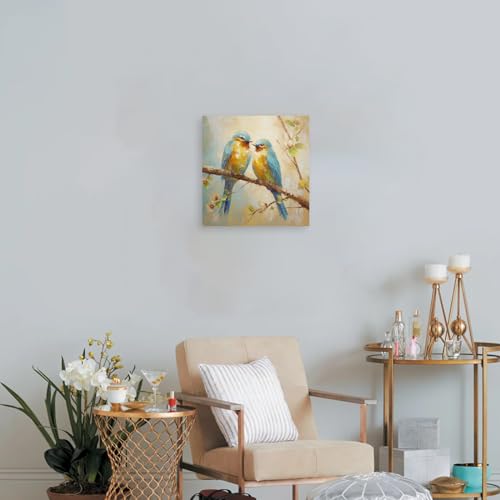 DOARTDO Bird Canvas Wall Art Blue Yellow Bird Painting Flower Bird on Tree Branch Picture Print for Living Room Home Decor Frame (Bird - 1,12.00" x 12.00")