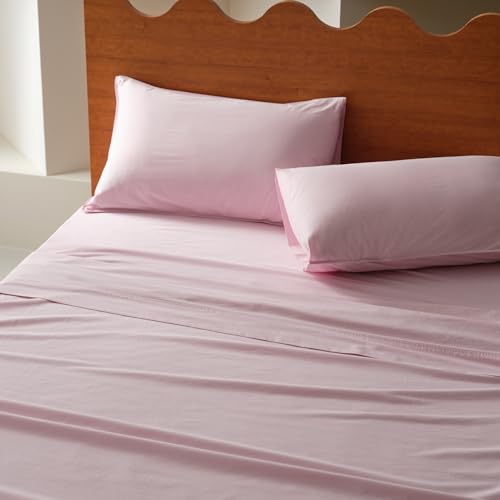 Double Stitch 100% Organic Cotton Sheet Set Queen - 300 TC Luxury Hotel Sateen Weave, GOTS Certified Long Staple Cotton, Made in India, 1 Fitted Sheet, 1 Flat Sheet, 2 Pillowcases, Blush Pink