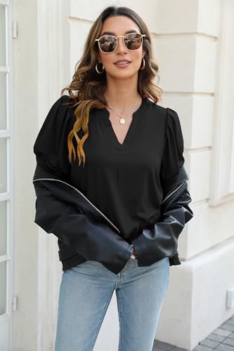 Womens Floral Tops Summer Short Puff Sleeve Shirts Flowy Tunic for Women V Neck Black S