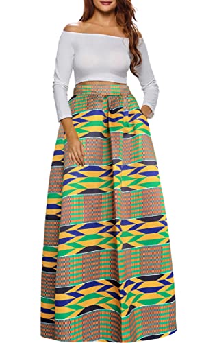 Afibi Women African Printed Casual Maxi Skirt Flared Skirt A Line Long Skirts with Pockets (Medium, Pattern 12)