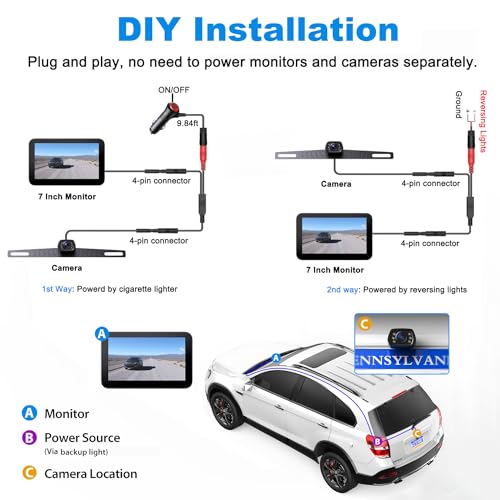 ZEROXCLUB Wired Backup Camera Kit with 7" Monitor, HD 1080P Display for Car Truck/Pickup/SUV/Van/RV, Night Vision Rear View Camera IP69 Waterproof-B7