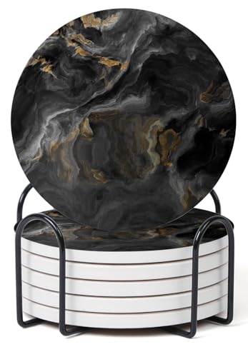 Hoomey Set of 6 Abstract Black Marble Coasters with Holder, Absorbent Ceramic Coasters for Drinks, Coasters with Cork Backing for Table Protection, Housewarming Gifts for New Home