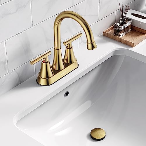 Bathroom Sink Drain with Overflow, Hurran Universal Bathroom Sink Stopper for Bathroom Vanity Vessel Sink, Rapid Draining Plastic Pop-up Sink Drain with Hair Catcher Anti-Clog Strainer, Brushed Gold