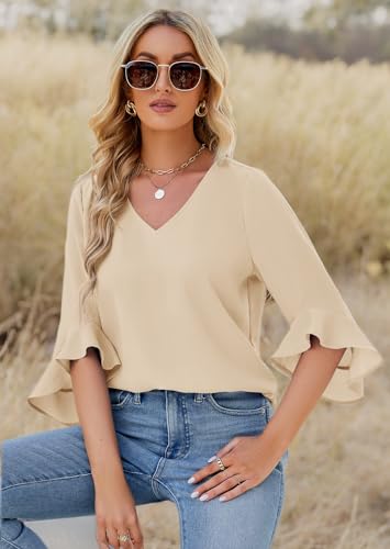 Qirno Womens Ruffle 3/4 Sleeve V Neck Chiffon Blouses Dressy Casual Loose Fit Business Tunic Tops Apricot S