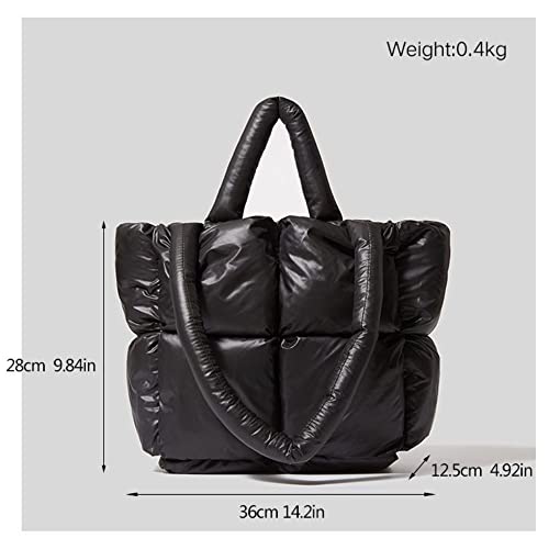 Puffer Tote Bag, Trendy Luxury Chic Quilted Large Padded Designer Handbags for Women Cotton Winter Soft Shoulder Bag for Women (Black)