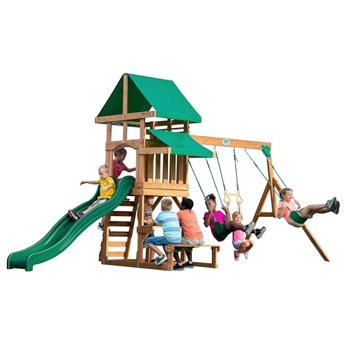 Backyard Discovery Belmont Cedar Wood Swing Set with Wave Slide, Play Deck, Rock Wall Ladder, Snack Bar Window, Shaded Picnic Area, Bench, Belt Swings, Trapeze, Sandbox Area, Canopy, Outdoor Playset
