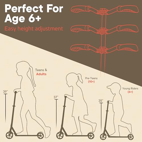 Campior Kick Scooter for Ages 6+, for Kids, Teens, and Adults, Max Load 240 LBS, Foldable, 8-inch Big Wheels for Kids and Adults, with Kickstand, 3 Adjustable Levels, Child Safety Approved, Red
