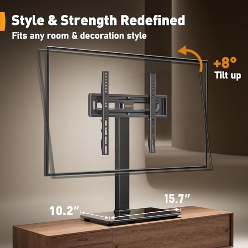 Perlegear Universal Swivel TV Stand for 32–70 inch TVs, Height Adjustable Table Top TV Stand Mount with Tilt, Tempered Glass Base, Holds up to 88 lbs, Max VESA 400x400mm, PGTVS26