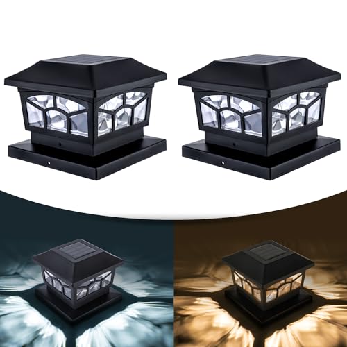 Solar Lights For Fence Post Cap Outdoor Deck Lights Solar Powered Waterproof 8 LEDs for 4x4/6x6 Wooden/Vinyl Posts Two Light Modes Warm/Cool White Decor for Garden Deck Patio. (Black, set of 2)