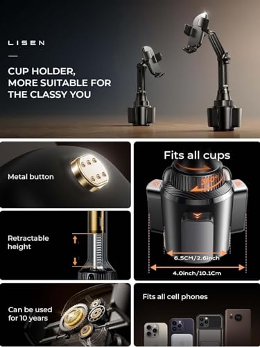 LISEN Cup Holder Cell Phone Holder for Car Mount, 2024 New Car Cup Phone Holders for Your Car Adjustable Cell Phone Holder Car Accessories Trucks Golf Cart for iPhone Samsung Google All 4-7 inches