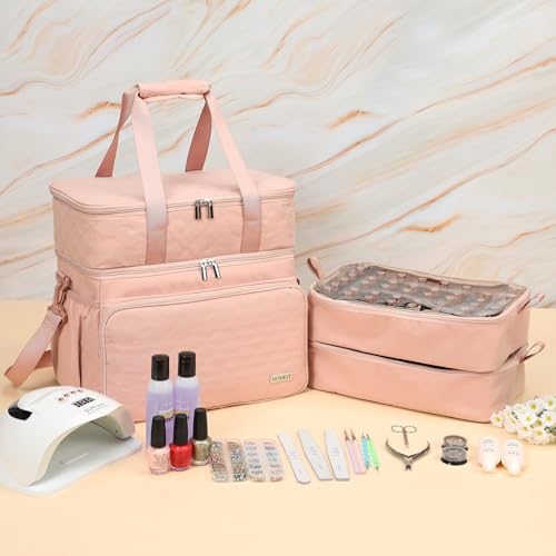 HOMEST Double Layer Nail Polish Organizer Hold 80 Bottles (15ml/0.5 fl. oz) and a Nail Lamp, Nail Polish Case with 2 Removable Pouches, Storage Bag for Manicure Tools, Pink (Bag Only)