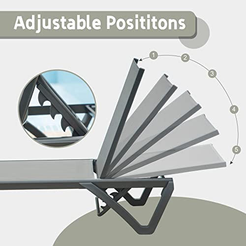 Domi Pool Lounge Chairs Set of 3, Adjustable Aluminum Outdoor Chaise Lounge with Side Table, All Weather Use for Deck Lawn Poolside Backyard - Grey Textilene