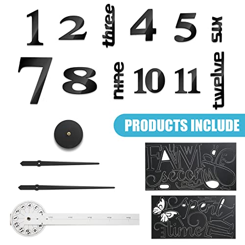 Junkin 3D Large Frameless DIY Wall Clock Modern Decor Family Quote Wall Stickers Clock Kit for Home Living Room Bedroom Office Decorations Adjustable Size(Black)